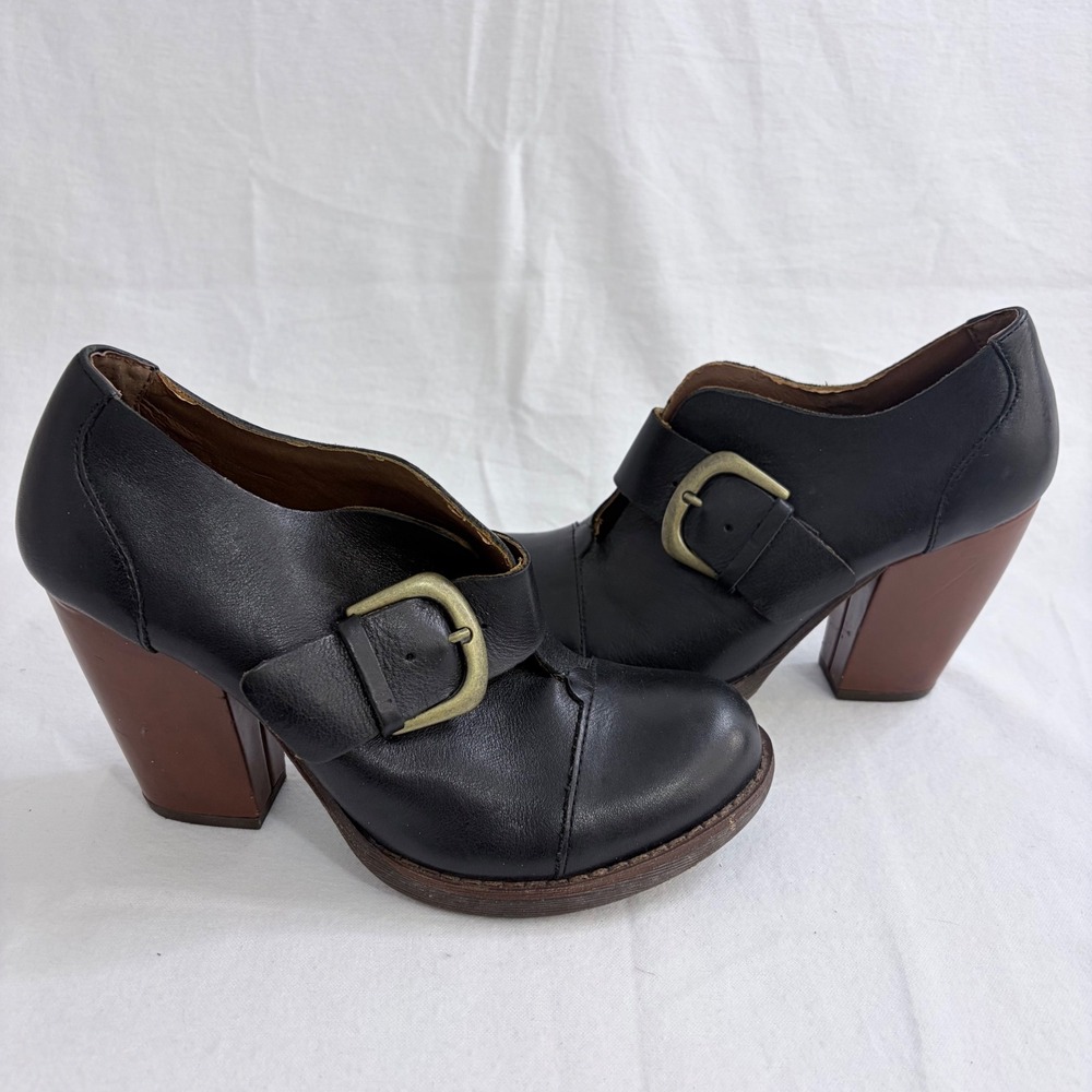 Korks by Kork-Ease Heeled Booties Buckle Strap Black Leather Block Heel Size 7.5
